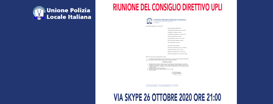 RIUNIONE DEL CONSIGLIO DIRETTIVO PER IL 26 OTTOBRE 2020